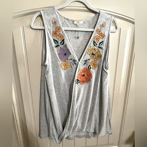 Beautiful Kori America embroidered gray, colorful, sleeveless v-neck top